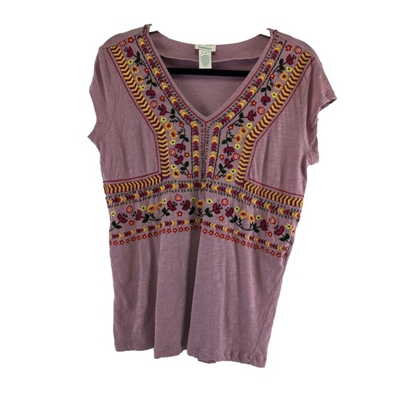 Sundance Floral Embroidered  T-shirt Purple V-Neck Cotton Beaded Womens Medium - Picture 1 of 9